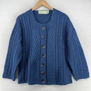 QUILLS Cardigan Womens M 100% Merino Wool Button Up Cable Fisherman Blue Ireland